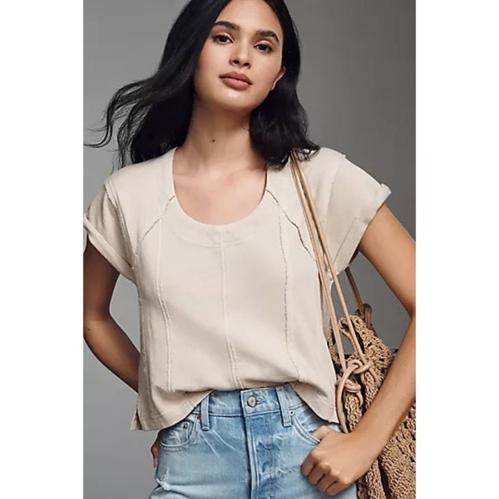 Pilcro Top Womens Size Large Short Sleeved Seamed Sweatshirt Relaxed Cotton NEW